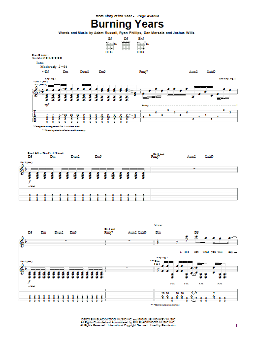 Learn to play Story Of The Year Burning Years sheet music for Guitar Tab in minutes. Price: 7.8900$ Story Of The Year Burning Years sheet music notes and chords arranged for Guitar Tab