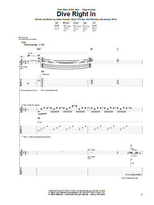 Learn to play Story Of The Year Dive Right In sheet music for Guitar Tab in minutes. Price: 7.8900$ Story Of The Year Dive Right In sheet music notes and chords arranged for Guitar Tab