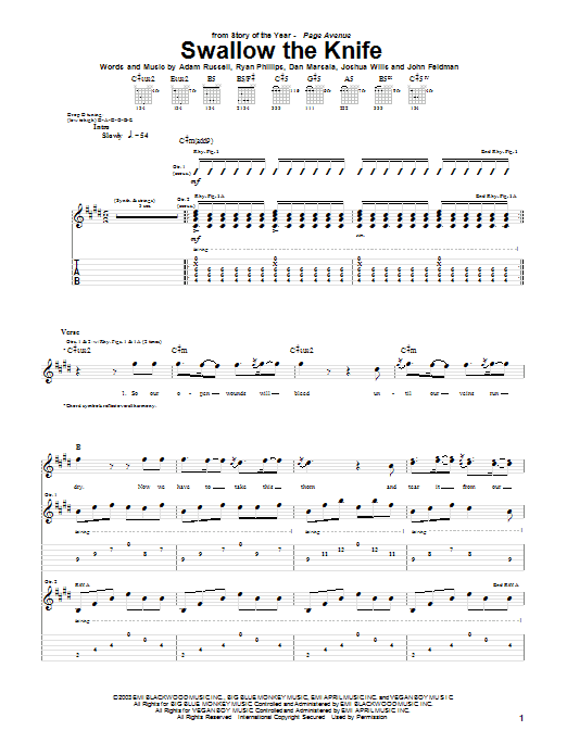 Learn to play Story Of The Year Swallow The Knife sheet music for Guitar Tab in minutes. Price: 7.8900$ Story Of The Year Swallow The Knife sheet music notes and chords arranged for Guitar Tab