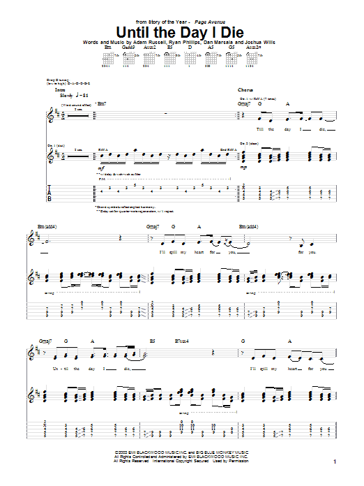 Story Of The Year Until The Day I Die sheet music notes and chords. Download Printable PDF.