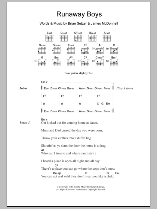 Stray Cats Runaway Boys sheet music notes and chords. Download Printable PDF.