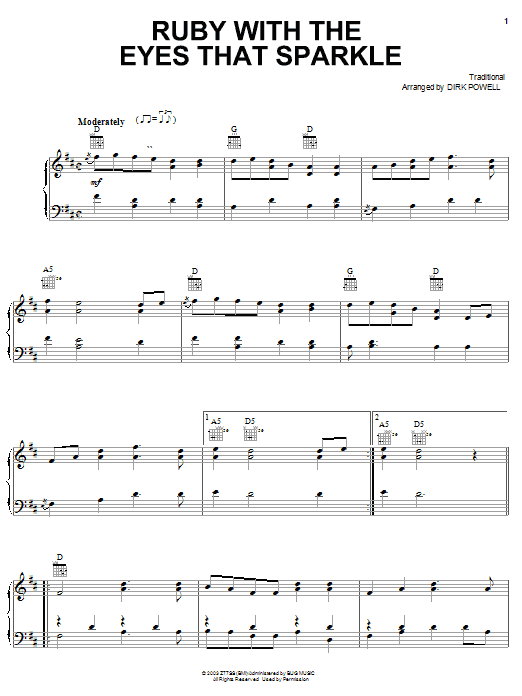 Learn to play Stuart Duncan Ruby With The Eyes That Sparkle sheet music for Piano, Vocal & Guitar Chords (Right-Hand Melody) in minutes. Price: 7.8900$ Stuart Duncan Ruby With The Eyes That Sparkle sheet music notes and chords arranged for Piano, Vocal & Guitar Chords (Right-Hand Melody)