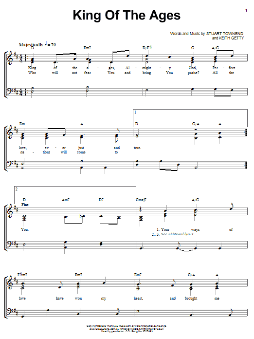 Learn to play Stuart Townend King Of The Ages sheet music for Piano, Vocal & Guitar Chords (Right-Hand Melody) in minutes. Price: 7.8900$ Stuart Townend King Of The Ages sheet music notes and chords arranged for Piano, Vocal & Guitar Chords (Right-Hand Melody)