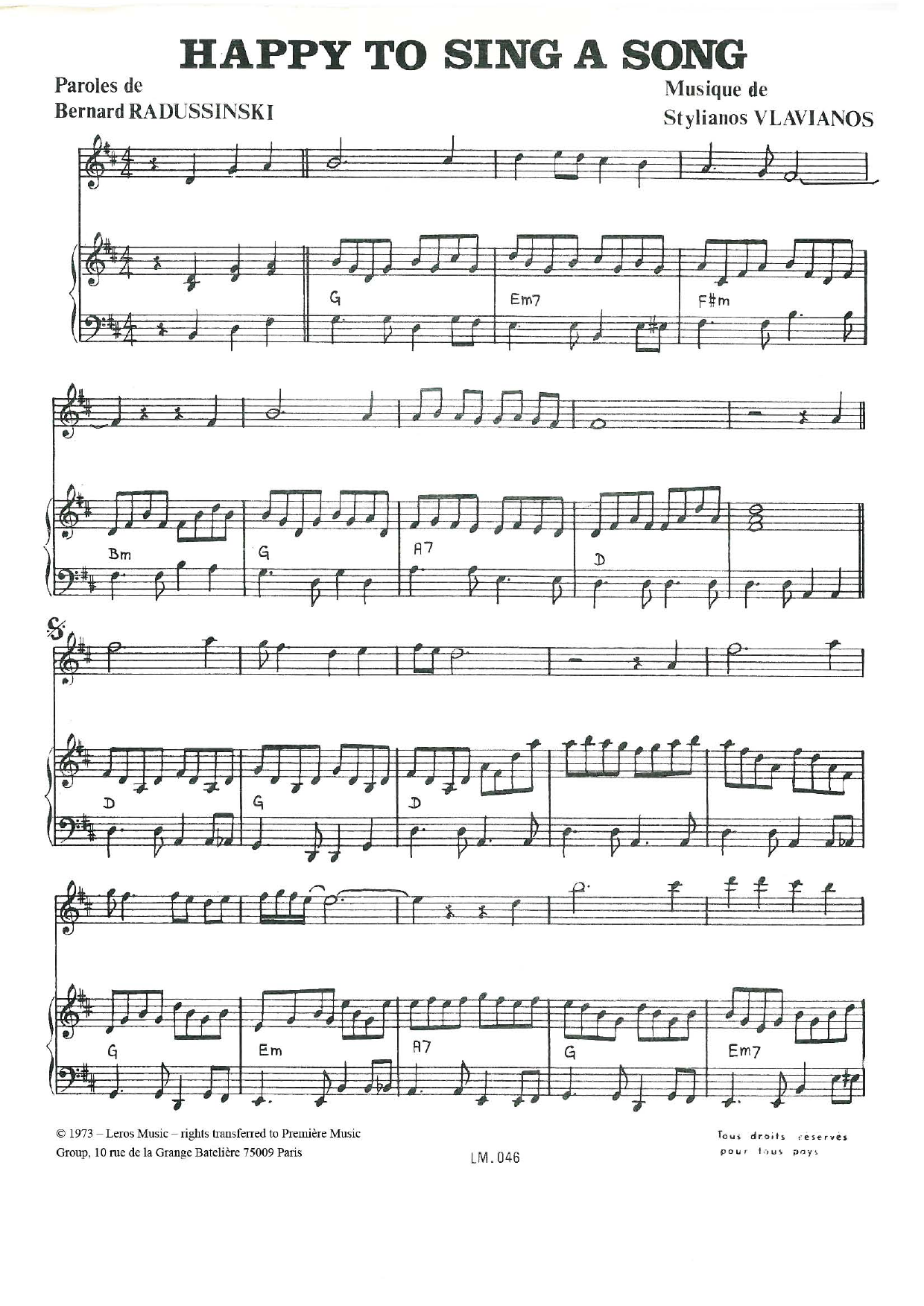 Learn to play Stylianos Vlavianos Happy To Sing A Song sheet music for Piano, Vocal & Guitar Chords in minutes. Price: 7.8900$ Stylianos Vlavianos Happy To Sing A Song sheet music notes and chords arranged for Piano, Vocal & Guitar Chords
