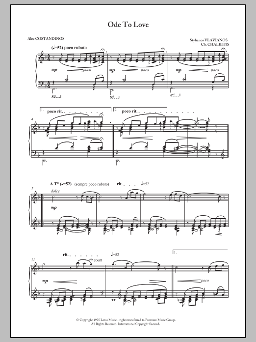 Learn to play Stylianos Vlavianos Sing An Ode To Love sheet music for Piano Solo in minutes. Price: 7.8900$ Stylianos Vlavianos Sing An Ode To Love sheet music notes and chords arranged for Piano Solo
