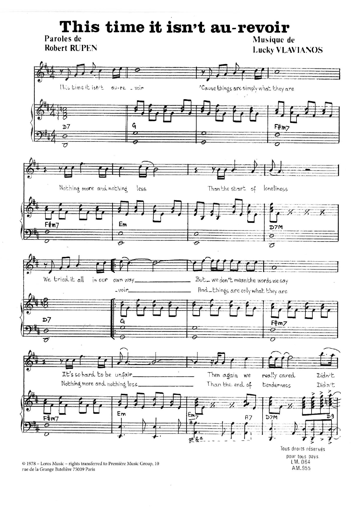 Learn to play Stylianos Vlavianos This Time It Isn't Au Revoir sheet music for Piano & Vocal in minutes. Price: 7.8900$ Stylianos Vlavianos This Time It Isn't Au Revoir sheet music notes and chords arranged for Piano & Vocal