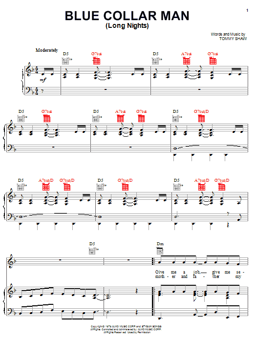 Learn to play Styx Blue Collar Man (Long Nights) sheet music for Guitar Tab in minutes. Price: 7.8900$ Styx Blue Collar Man (Long Nights) sheet music notes and chords arranged for Guitar Tab