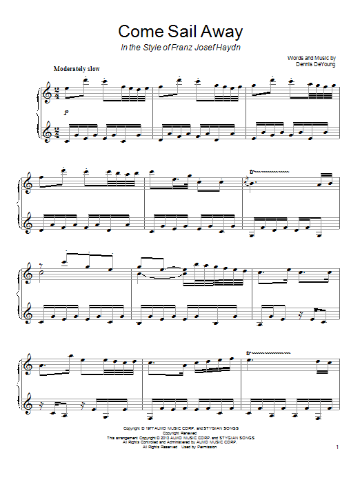 Styx Come Sail Away sheet music notes and chords arranged for Piano Solo