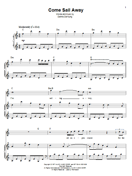 Styx Come Sail Away sheet music notes and chords. Download Printable PDF.