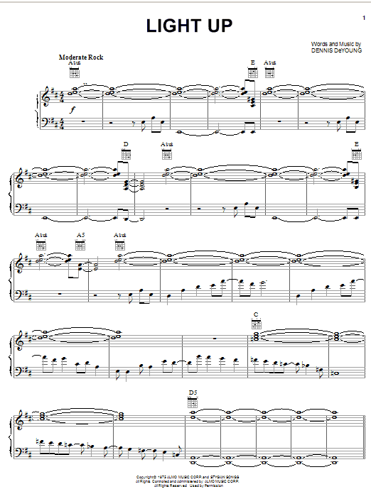 Styx Light Up sheet music notes and chords. Download Printable PDF.