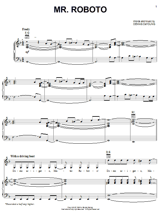 Styx Mr. Roboto sheet music notes and chords. Download Printable PDF.