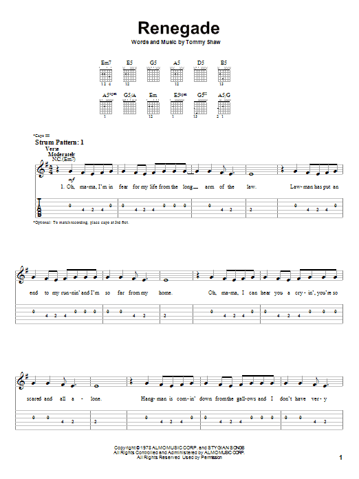 Styx Renegade sheet music notes and chords. Download Printable PDF.