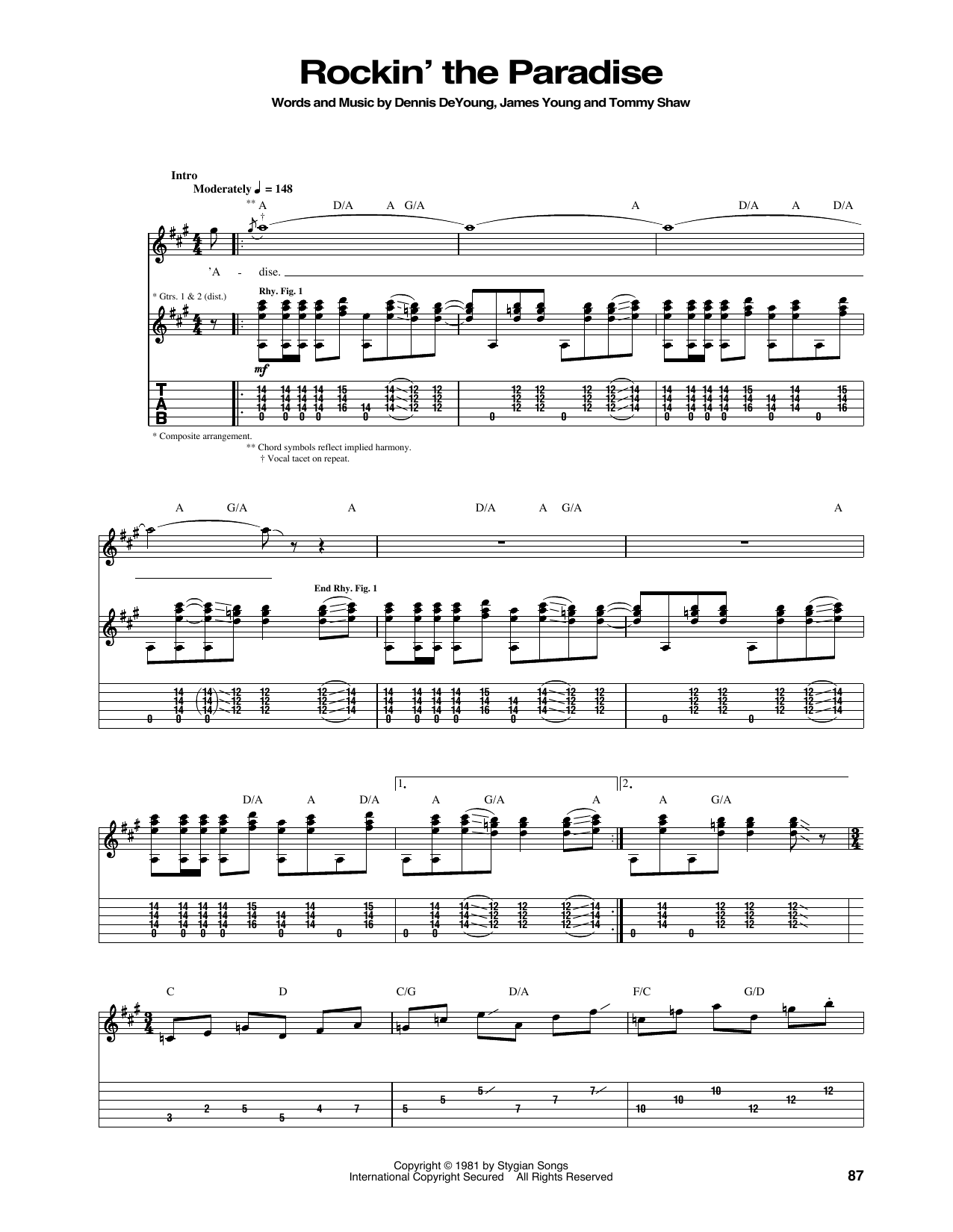 Learn to play Styx Rockin' The Paradise sheet music for Guitar Tab in minutes. Price: 7.8900$ Styx Rockin' The Paradise sheet music notes and chords arranged for Guitar Tab