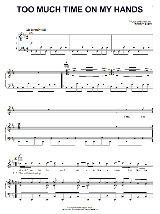 Styx Too Much Time On My Hands sheet music notes and chords. Download Printable PDF.