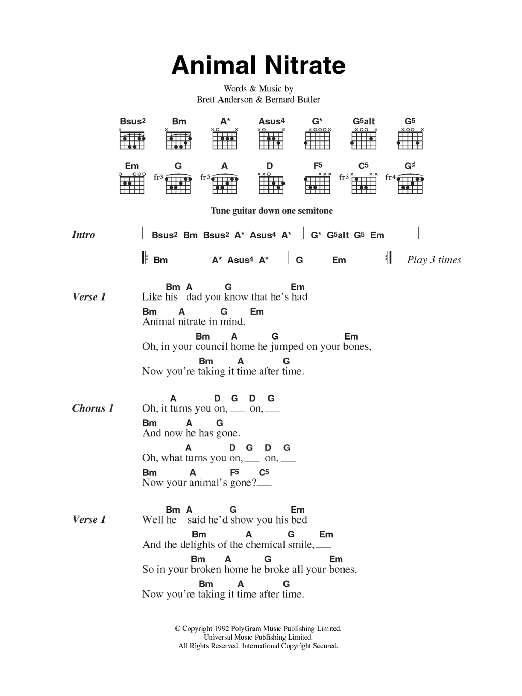 Learn to play Suede Animal Nitrate sheet music for Guitar Chords/Lyrics in minutes. Price: 4.4900$ Suede Animal Nitrate sheet music notes and chords arranged for Guitar Chords/Lyrics