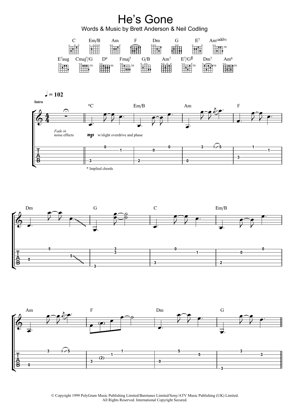 Learn to play Suede He's Gone sheet music for Guitar Tab in minutes. Price: 7.8900$ Suede He's Gone sheet music notes and chords arranged for Guitar Tab