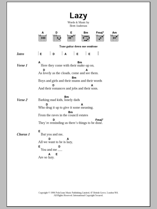 Suede Lazy sheet music notes and chords. Download Printable PDF.