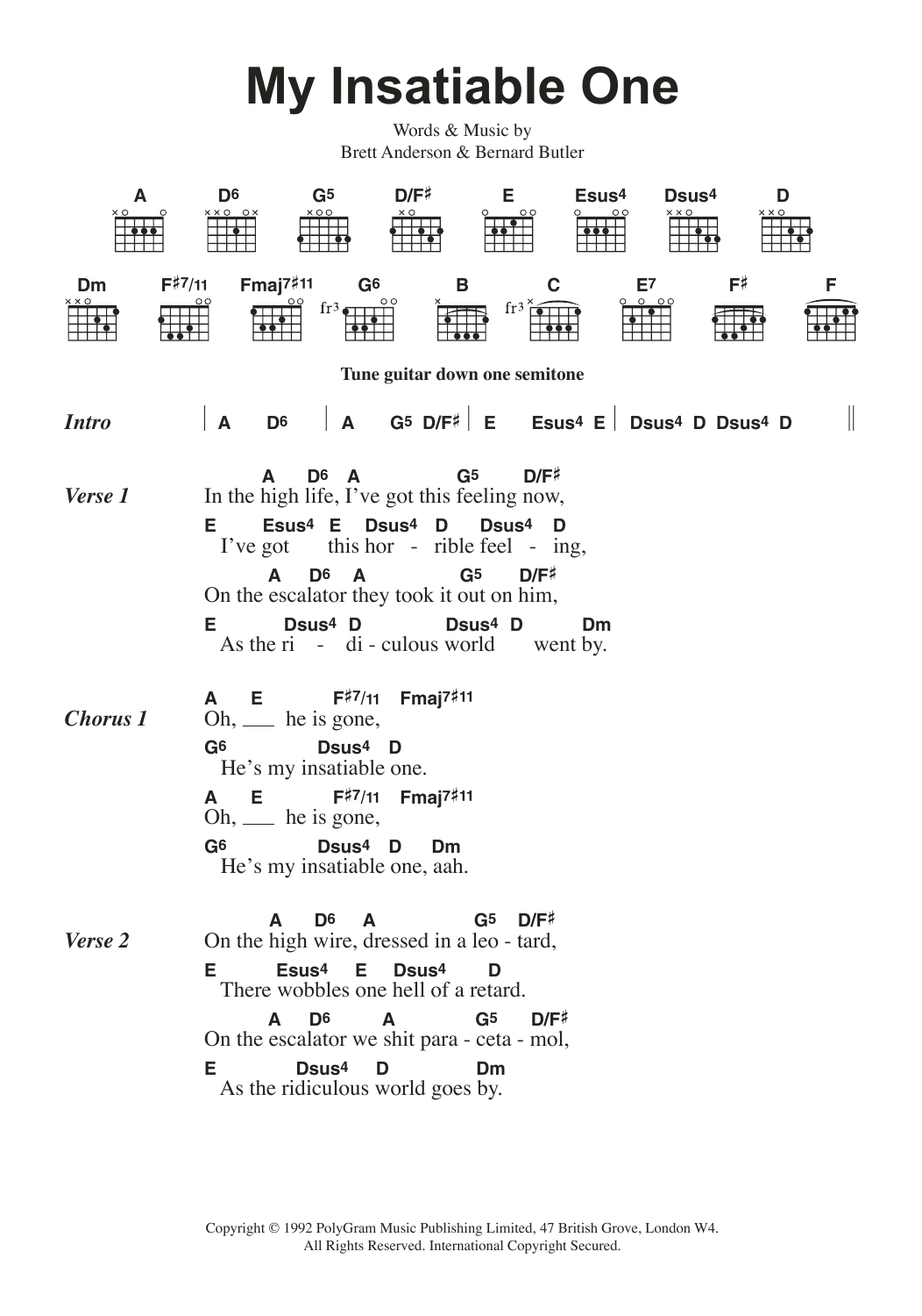 Learn to play Suede My Insatiable One sheet music for Guitar Chords/Lyrics in minutes. Price: 4.4900$ Suede My Insatiable One sheet music notes and chords arranged for Guitar Chords/Lyrics