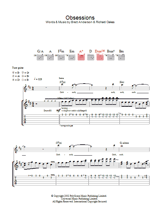 Learn to play Suede Obsessions sheet music for Guitar Tab in minutes. Price: 7.8900$ Suede Obsessions sheet music notes and chords arranged for Guitar Tab