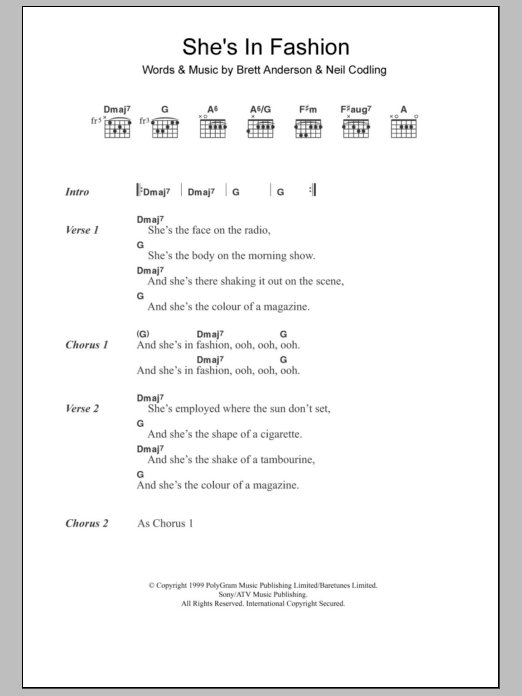 Suede She's In Fashion sheet music notes and chords. Download Printable PDF.