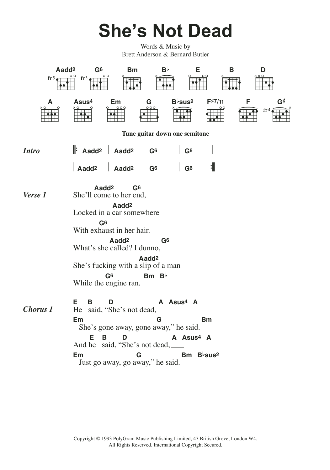 Suede She's Not Dead sheet music notes and chords. Download Printable PDF.