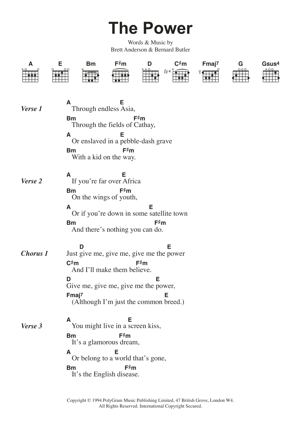 Learn to play Suede The Power sheet music for Guitar Chords/Lyrics in minutes. Price: 4.4900$ Suede The Power sheet music notes and chords arranged for Guitar Chords/Lyrics