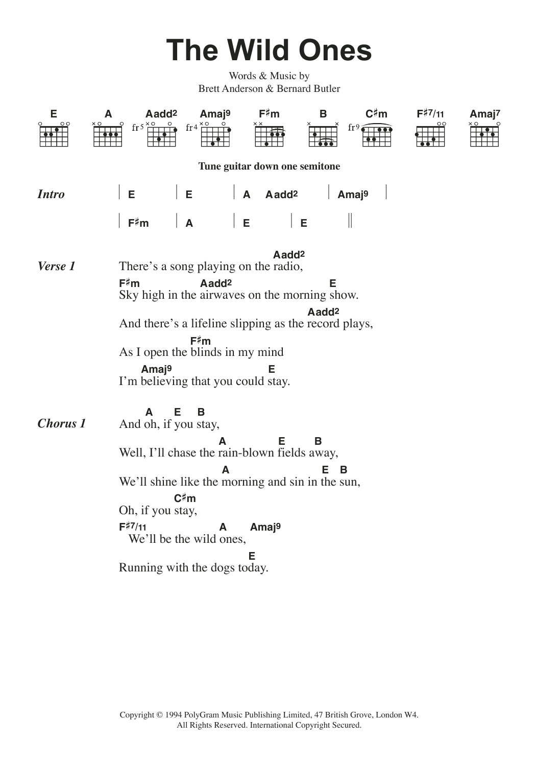 Suede The Wild Ones sheet music notes and chords. Download Printable PDF.