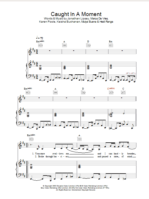 Learn to play Sugababes Caught In A Moment sheet music for Piano, Vocal & Guitar Chords in minutes. Price: 7.8900$ Sugababes Caught In A Moment sheet music notes and chords arranged for Piano, Vocal & Guitar Chords