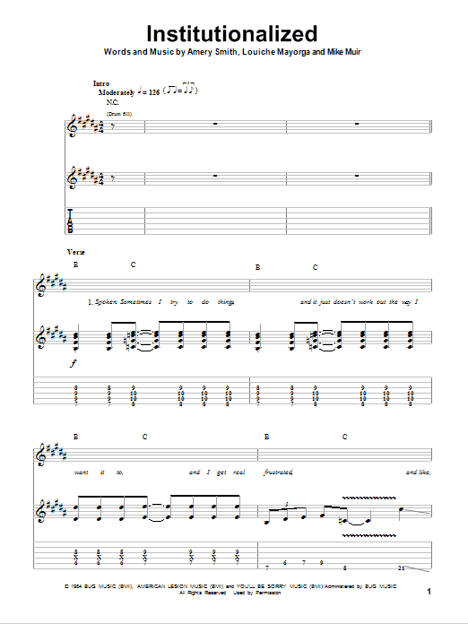 Suicidal Tendencies Institutionalized sheet music notes and chords. Download Printable PDF.