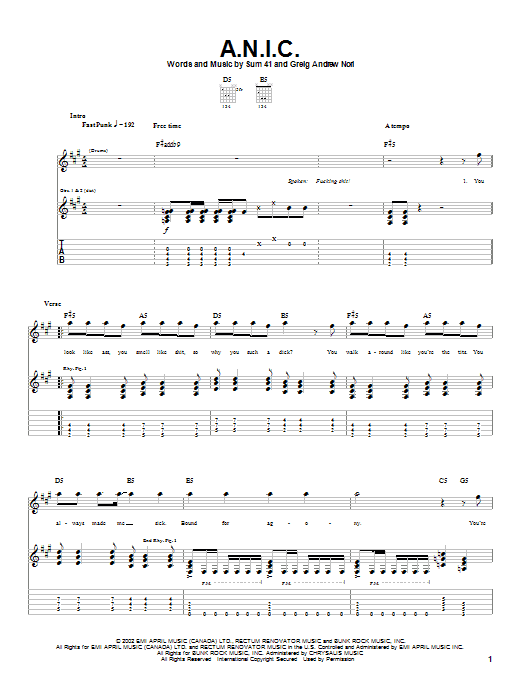 Learn to play Sum 41 A.N.I.C. sheet music for Guitar Tab in minutes. Price: 7.8900$ Sum 41 A.N.I.C. sheet music notes and chords arranged for Guitar Tab
