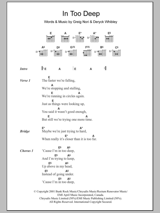 Learn to play Sum 41 In Too Deep sheet music for Guitar Chords/Lyrics in minutes. Price: 4.4900$ Sum 41 In Too Deep sheet music notes and chords arranged for Guitar Chords/Lyrics