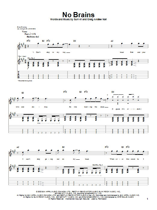 Sum 41 No Brains sheet music notes and chords arranged for Guitar Tab