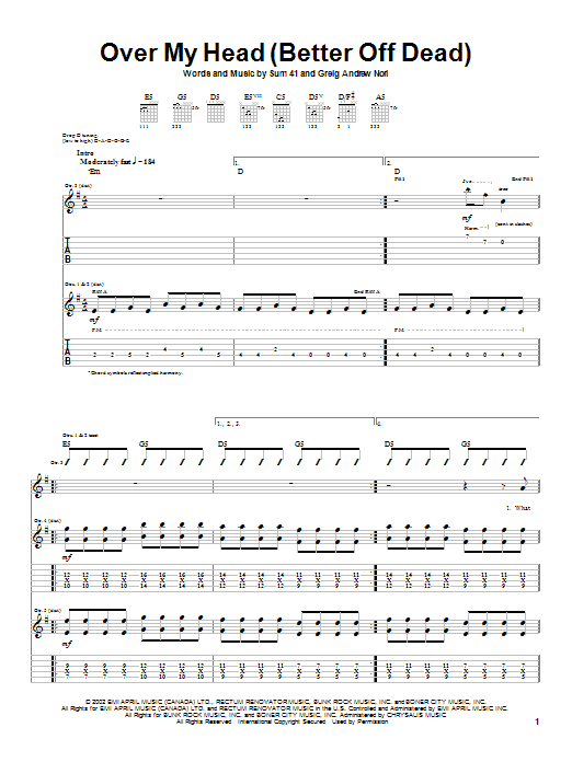 Sum 41 Over My Head (Better Off Dead) sheet music notes and chords. Download Printable PDF.