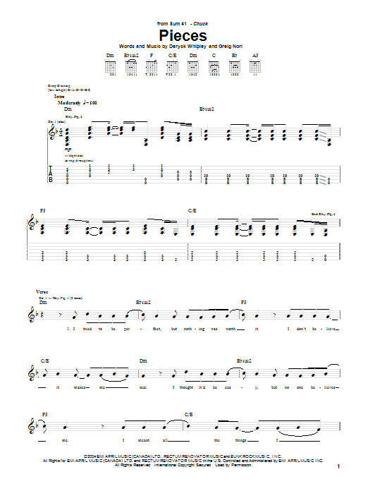 Sum 41 Pieces sheet music notes and chords. Download Printable PDF.