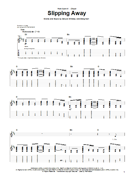 Learn to play Sum 41 Slipping Away sheet music for Guitar Tab in minutes. Price: 7.8900$ Sum 41 Slipping Away sheet music notes and chords arranged for Guitar Tab