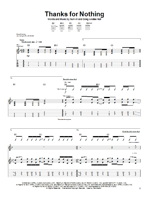 Learn to play Sum 41 Thanks For Nothing sheet music for Guitar Tab in minutes. Price: 7.8900$ Sum 41 Thanks For Nothing sheet music notes and chords arranged for Guitar Tab