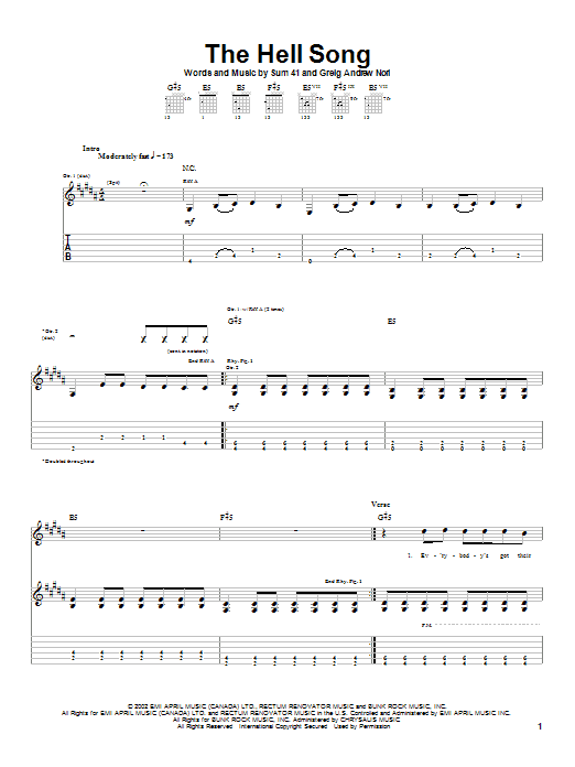 Sum 41 The Hell Song sheet music notes and chords. Download Printable PDF.