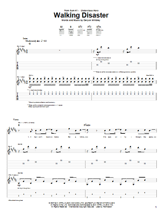 Learn to play Sum 41 Walking Disaster sheet music for Guitar Tab in minutes. Price: 7.8900$ Sum 41 Walking Disaster sheet music notes and chords arranged for Guitar Tab