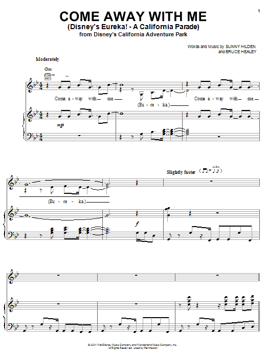 Learn to play Sunny Hilden Come Away With Me (Disney's Eureka! - A California Parade) sheet music for Piano, Vocal & Guitar Chords (Right-Hand Melody) in minutes. Price: 7.8900$ Sunny Hilden Come Away With Me (Disney's Eureka! - A California Parade) sheet music notes and chords arranged for Piano, Vocal & Guitar Chords (Right-Hand Melody)