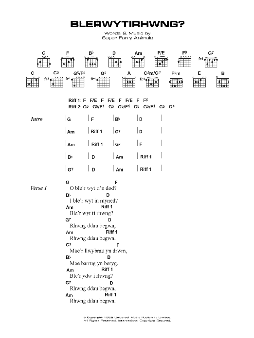 Super Furry Animals Blerwytirhwng sheet music notes and chords. Download Printable PDF.