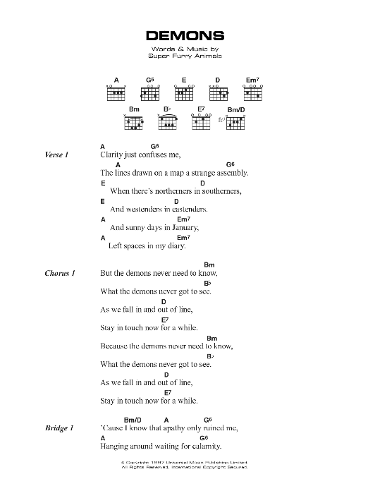 Learn to play Super Furry Animals Demons sheet music for Guitar Chords/Lyrics in minutes. Price: 4.4900$ Super Furry Animals Demons sheet music notes and chords arranged for Guitar Chords/Lyrics