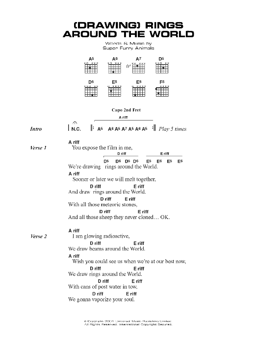 Learn to play Super Furry Animals (Drawing) Rings Around The World sheet music for Guitar Chords/Lyrics in minutes. Price: 4.4900$ Super Furry Animals (Drawing) Rings Around The World sheet music notes and chords arranged for Guitar Chords/Lyrics
