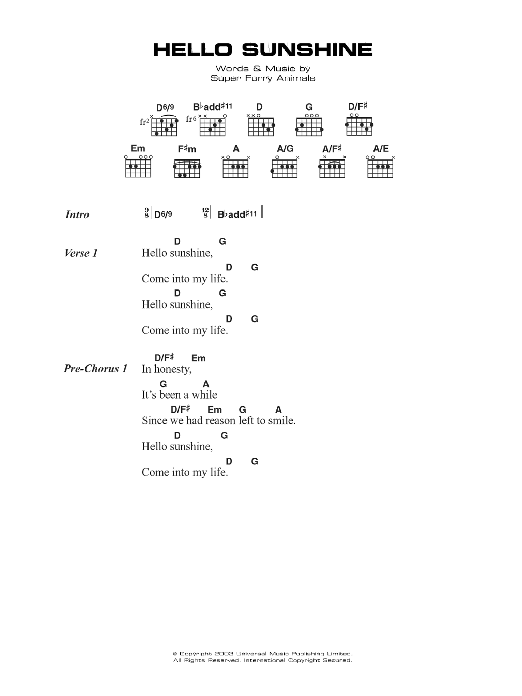 Super Furry Animals Hello Sunshine sheet music notes and chords. Download Printable PDF.