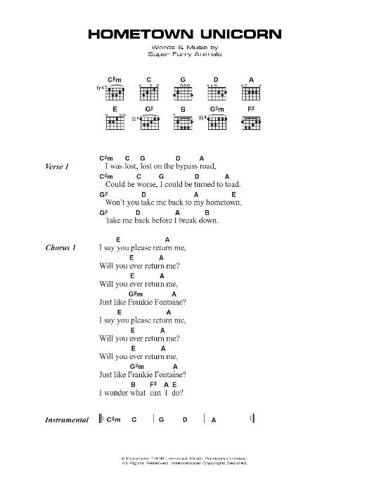 Super Furry Animals Hometown Unicorn sheet music notes and chords. Download Printable PDF.