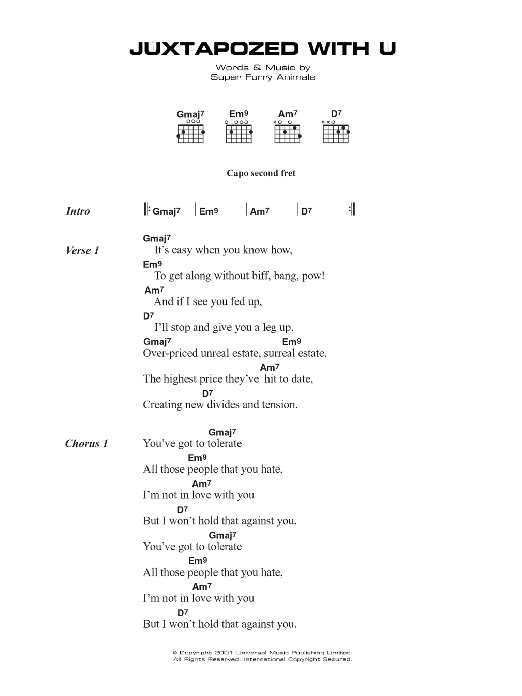 Super Furry Animals Juxtapozed With U sheet music notes and chords. Download Printable PDF.