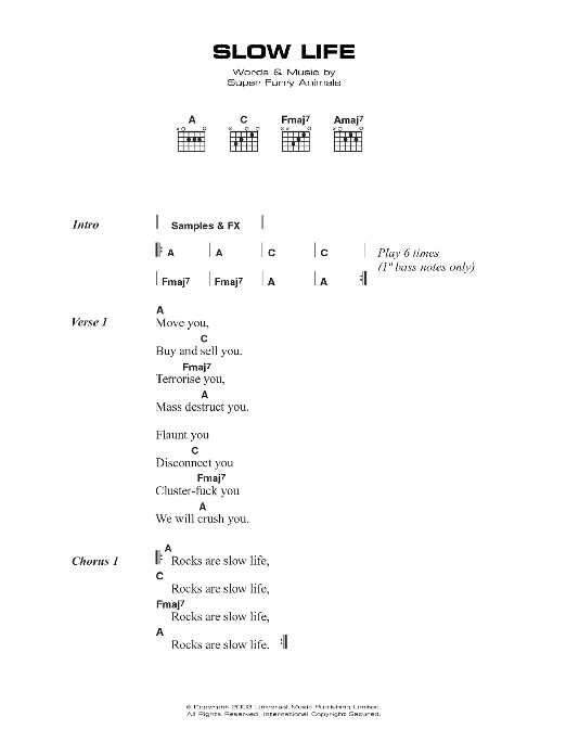 Super Furry Animals Slow Life sheet music notes and chords. Download Printable PDF.