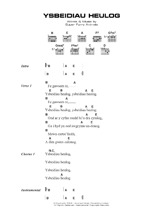 Super Furry Animals Ysbeidiau Heulog sheet music notes and chords. Download Printable PDF.