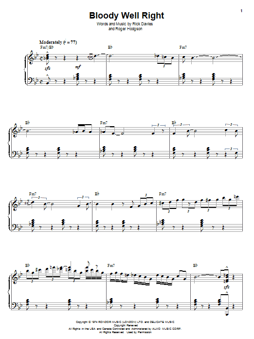 Supertramp Bloody Well Right sheet music notes and chords. Download Printable PDF.