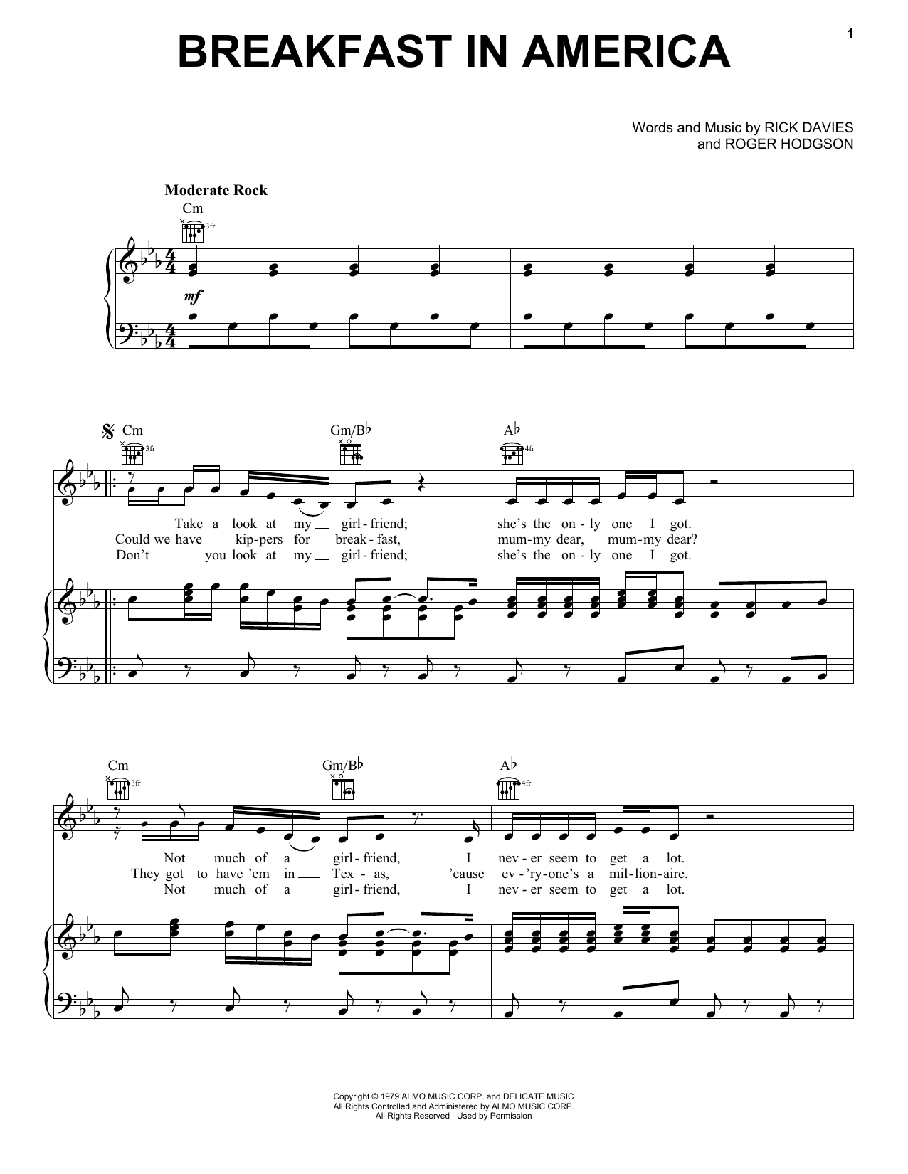 Supertramp Breakfast In America sheet music notes and chords. Download Printable PDF.