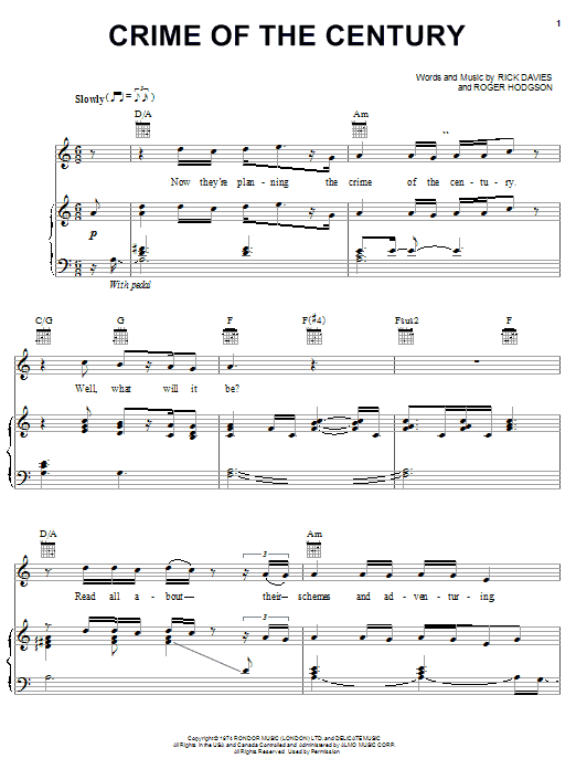 Supertramp Crime Of The Century sheet music notes and chords arranged for Piano, Vocal & Guitar Chords (Right-Hand Melody)